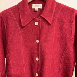 Casual Corner Annex 100% Wool Red Cardigan Large Pewter Button